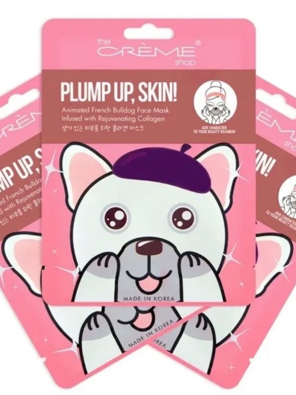 Plump Up Skin! Animated French Bulldog Face Mask - 3 Pack NIB